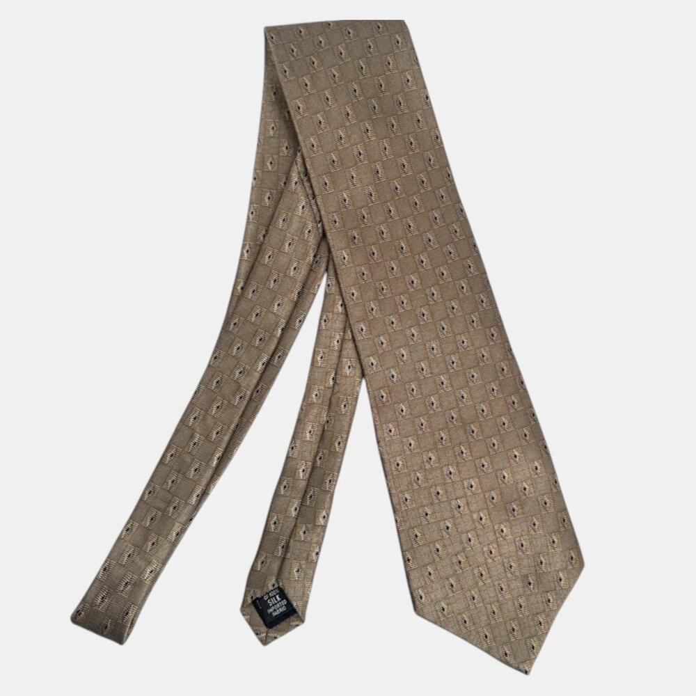 NEO Bill Blass RED LABEL Geometric Grid Silk Necktie Vintage Tie Beige